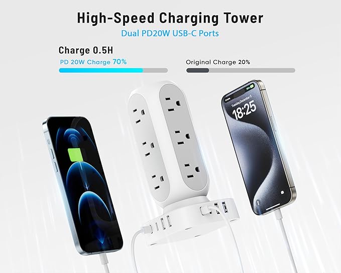 Flat Plug Power Strip Tower 10FT, 40W Total Fast Charging Station, Dual PD 20W USB-C Charger Tower with 12 AC Outlets and 8 USB Ports (4 USB C), Long Extension Cord for Home Office Dorm Room