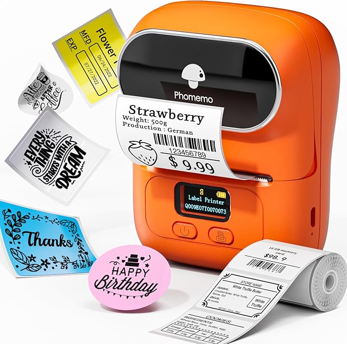 Memoqueen M110 Label Maker Machine-Barcode Label Printer, Portable Sticker Maker for Price Tag, Logo,Address, Mailing, Home, Office & Small Business, Compatible with Phones&PC Orange