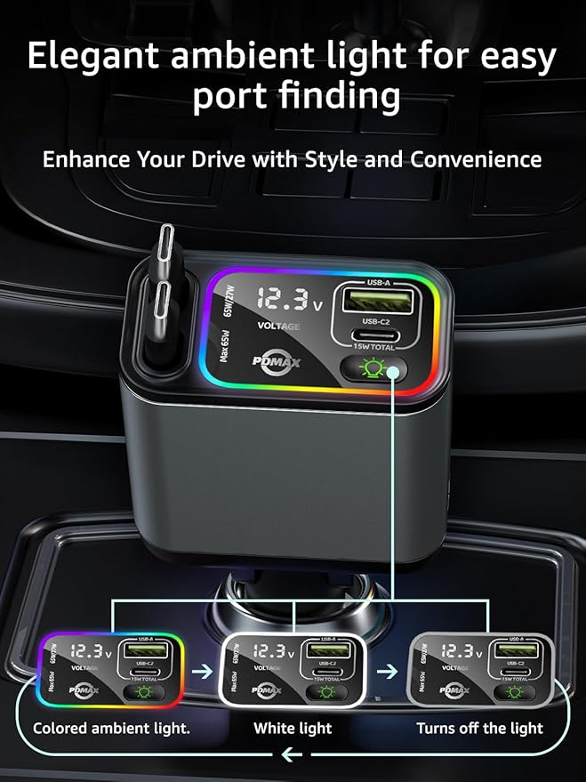 PDMAX Retractable Car Charger USB C,145W Type C Car Charger Fast Charging with Dual Retractable USB C Cable and USB Ports for iPhone 17/16/15,S25/24/23/22, Pixel 9/8/7（Build-in Dual Type C Cable）