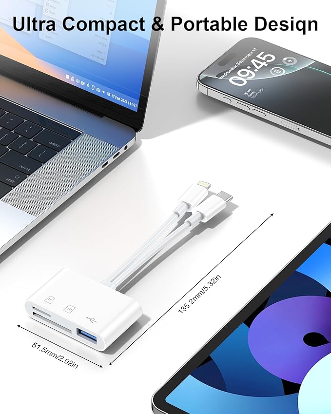 3 in 2 Lightning & USB-C SD Card Reader for iPhone 17 16 Pro Max 15 Plus 14, Dual Port OTG MicroSD Memory Card Reader Dongle Adapter with SD/TF/USB3.0 Slot for Camera iPad Galaxy S25 S24 Mac Air/Pro