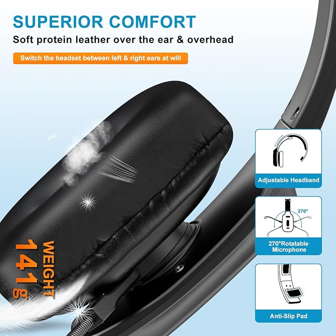 Bluetooth Headset, 60hrs AI Noise Canceling V5.2 Over Head Headphones, Single Ear Trucker Wireless Headset with Mic, Mute Button, Multipoint, for Phones PC Computer Truck Driver Office Work - Black