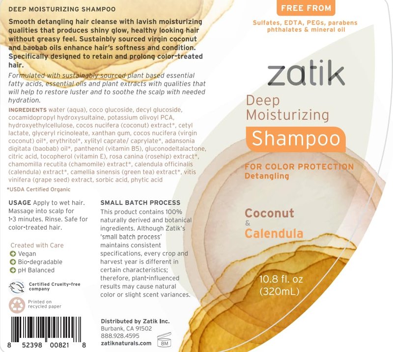 Zatik Naturals Deep Moisturizing Shampoo & Conditioner Set - Coconut & Calendula for Colored, Dry Hair | 10.8 fl oz Each