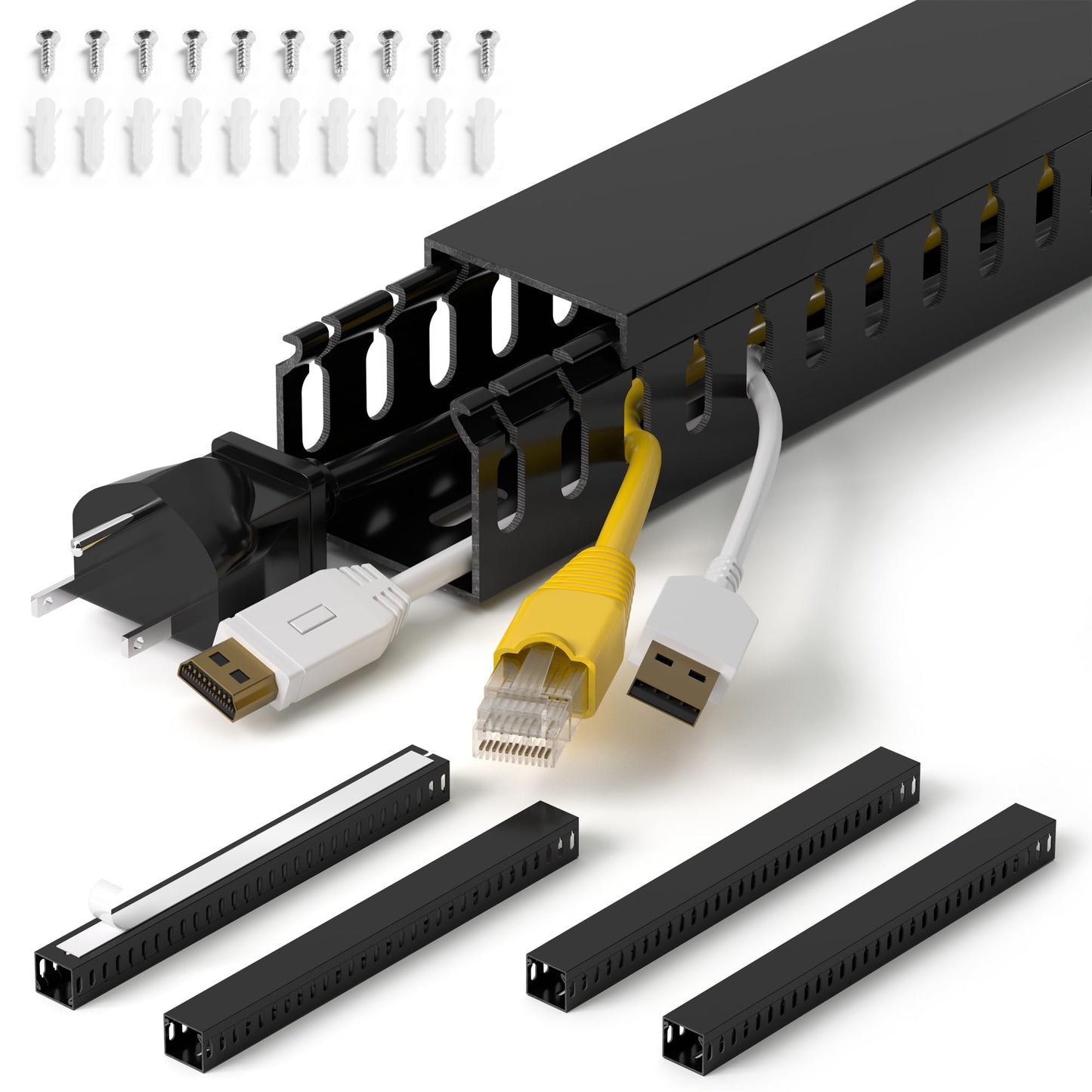 ZhiYo H1.4 W1.6in Professional Server Rack Cable Management Raceway, 66in (4X L16.5in) Cable Raceway Kit, Electrically Safe PVC Open Slot Wire Raceway for Under Desk/Computer/Network Cords, Black