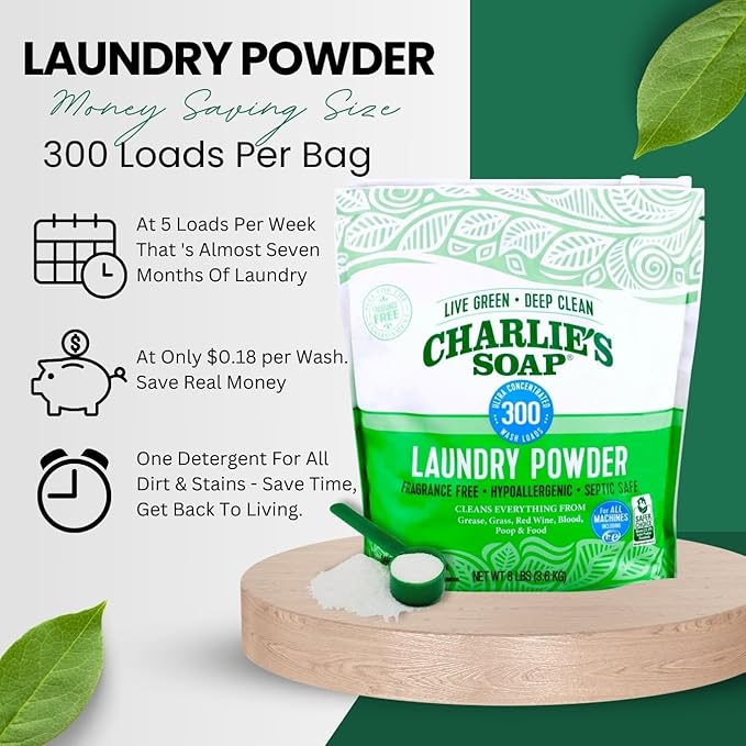 Charlieâs Soap Laundry Powder (300 Loads, 4 Pack) Fragrance Free Hypoallergenic Plant Based Deep Cleaning Laundry Powder â Biodegradable Eco Friendly Sustainable Laundry Detergent