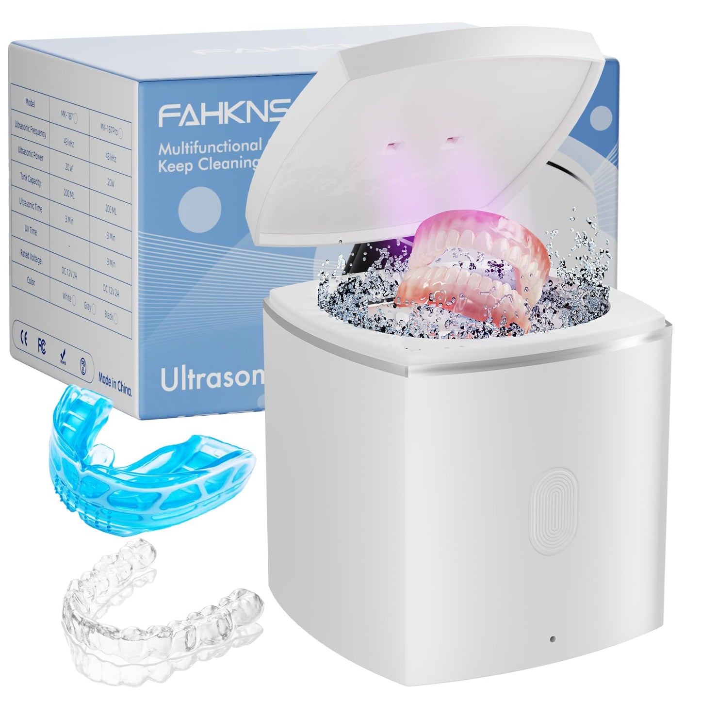 U-V Ultrasonic Dental Cleaner;UltraSonic Retainer Cleaner Machine for Denture,Aligner,Whitening tray,200ml Portable Mouth Guard Cleaner, Invisalign Cleaner Pod,Professional Sonic Jewelry Cleaner White