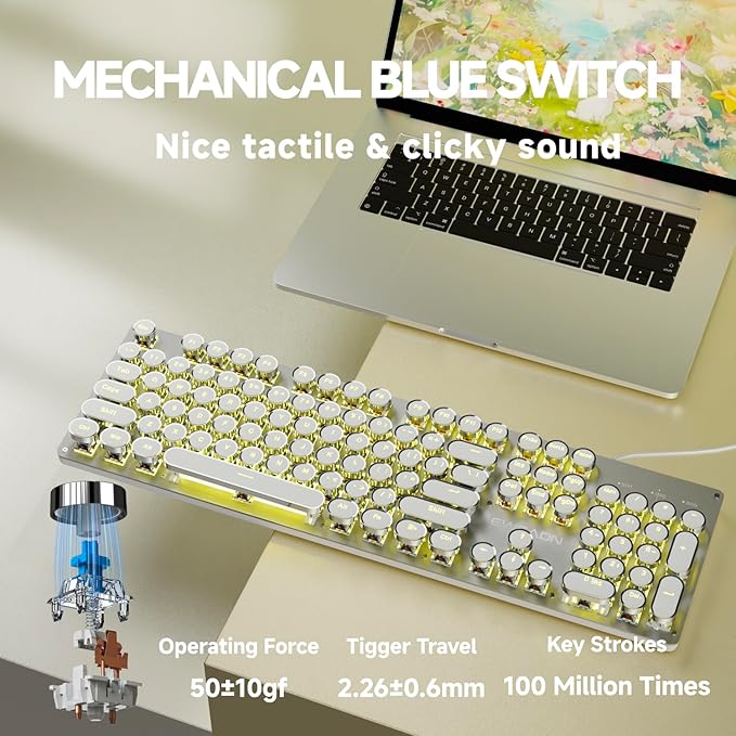 SEUNKWANG EWEADN TK100 Typewriter Style Wired Mechanical Keyboard, 104 Keys Aesthetic Typewriter Keyboard with Yellow Backlit, Anti-Ghosting, Blue Switch Cool Keyboards-White