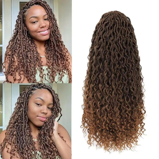 Goddess Locs Crochet Hair - 18 Inch Ombre Brown Faux Locs with Curly Ends | 8 Packs Synthetic Hair Extensions