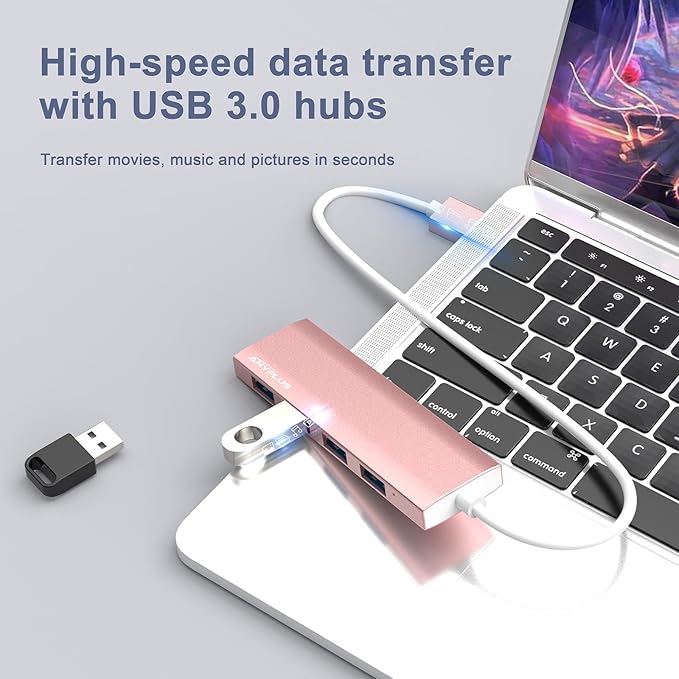 ANYPLUS USB Hub, USB 3.0 Hub Aluminum Alloy Ultra Slim USB Splitter, Portable 4 Port USB Extender, USB Hub for Laptop, PC, MacBook, iMac, Surface Pro, Mac Pro, Flash Drive, XPS 【Pink】