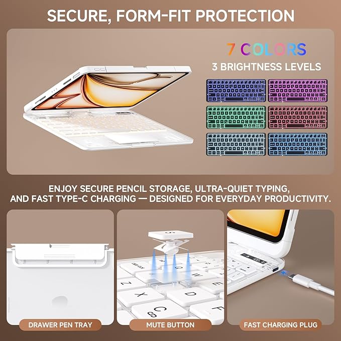 Tiaota Transparent Case with Keyboard for iPad Pro 13 inch (M5/M4, 2025/2024), iPad Pro 13,7-Color Backlit,Magic wireless Keyboard, 360°Rotating,Multi-Touch trackpad,Pencil Holder,with shortcuts,white