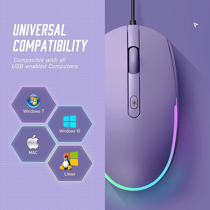 seenda Wired Mouse - USB Computer Mice Wired with RGB Backlit Optical LED Mouse with Attached USB Cord for Laptops Notebooks Chromebook - Purple