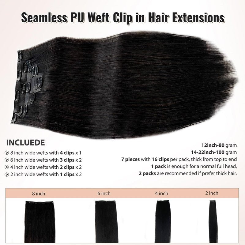 Seamless Clip in Hair Extensions Real Human Hair, 20” Natural Black Seamless Clip ins Remy Hair Extensions Invisible Tape Weft Real Human Hair Extensions for Women Straight PU Skin Weft Clip ins Hair