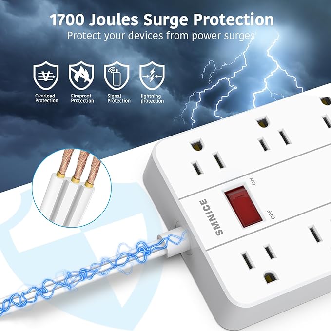 Power Strip Extension Cord, SMNICE Flat Plug Long Extension Cord 10 Ft with 8 Widely Spaced Outlets 6USB(1 USB C) Charging Station, Wall Mount for Dorm Home, Office Accessories,White