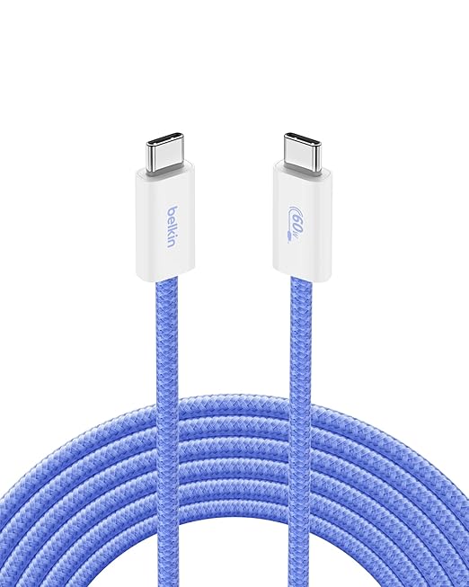 Belkin USB C to USB C Cable, 9.9ft, 60W - Type C Charger, iPhone Charger Cord, Soft, Braided, Flexible for iPhone 17, Galaxy S25, Pixel 10, Airpods, iPad Pro, Tablet & More, Travel Essentials - Blue