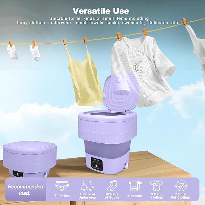 Portable Washing Machine, 9L Mini Foldable Washer with Spin Basket & 2 Cleaning Modes, Compact Laundry Machine for Home, Apartment, Hotel, Camping & Travel (Purple)