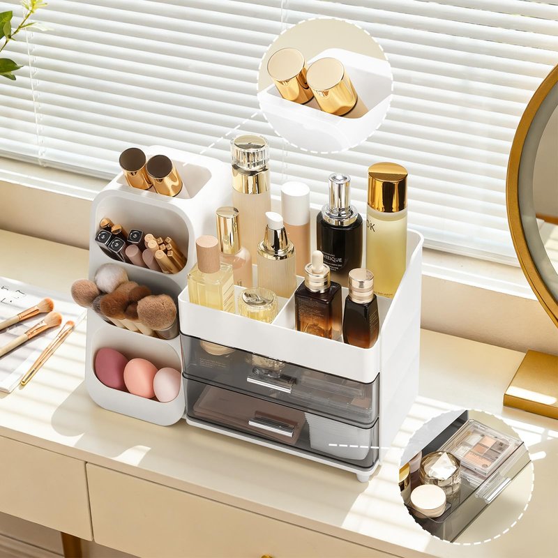 Delamu Makeup Organizer Countertop, Spacious Cosmetic Display Case with Makeup Brush Holder, Perfect Vanity Bathroom Organizer and Storage, Ideal Christmas Gifts for Women Girls, White