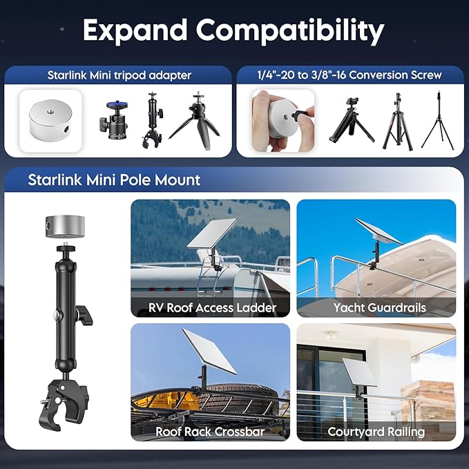 XLTTYWL 2025 Starlink Mini Pole Mount Kit, Aluminum Mini Starlink Tripod Adapter with 1/4"-20 & 3/8"-16 Thread and Adjustable Clamp Bracket for Star Link Mini X Dishy RV, Camper, Roof Rack, Balcony