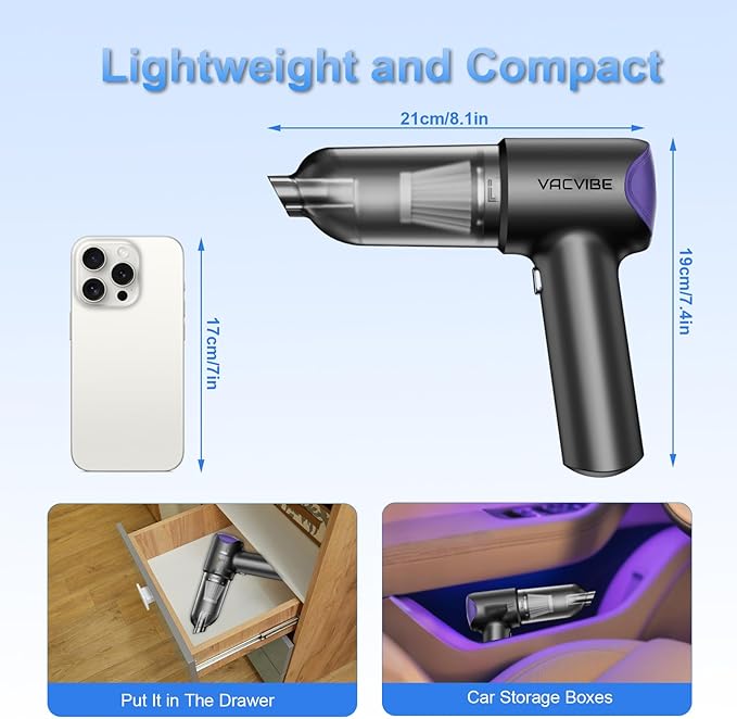 Vacvibe Car Vacuum Portable Cordless, 21000PA 4 in 1 Suck/Blow/Pump/Charger 120W Handheld Car Vacuum Cleaner and Air Duster, Brushless Motor Multi-Nozzles for Home Office Grey