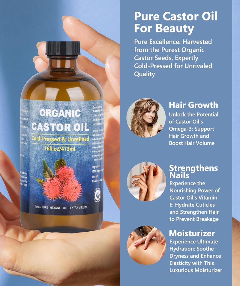 VRJEUGO Castor Oil Organic Cold Pressed Unrefined Glass Bottle, Organic Castor Oil for Face, Hair Growth & Thicker Eyelashes, 100% Pure and Hexane Free, 16oz