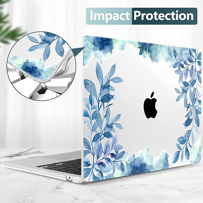 TWOLSKOO for MacBook Air 15 inch Case 2026 2025 2024 2023 Release M5 A3448 M4 A3241 M3 A3114 M2 A2941, Plastic Hard Shell & Screen Protector & Keyboard Cover & Trackpad Film, Blue Floral