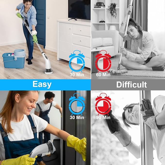 Electric Spin Scrubber, Cordless Shower Cleaner Brush with Adjustable Extension, 9 Replaceable Cleaning Heads, Power Shower Scrubber for Bathroom, Tub, Tile, Floor (White)