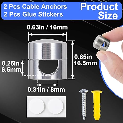 SmallCat 2 Sets Charger Holders for Cords, Silver Adjustable Cable Anchor Holders, Adhesive Metal Cord Clips, Cable Management Wire Organizers for Desk, Office, Nightstand