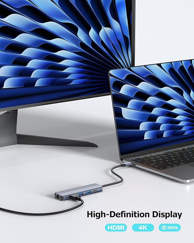 Glomtheia USB C Hub Ethernet HDMI Multiport Adapter for MacBook Pro/Air, iPad, Laptop Dock with 5Gbps USB A/C, 1Gbps RJ45 Gigabit Ethernet, 4K 30Hz HDMI, 100W Pass Through Charging