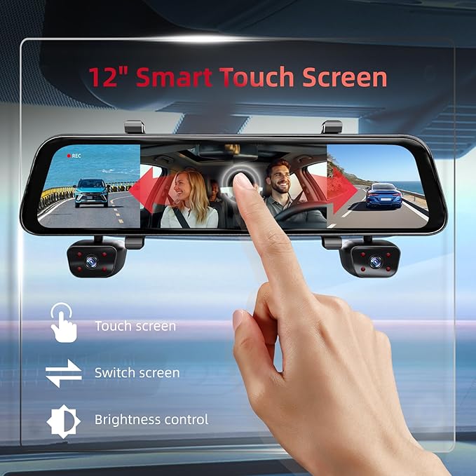 2026 12'' Mirror Dash Cam 4 Channel, Touch Screen Rear View Mirror Camera for Cars,1080Px4 Dashcam Front Rear Inside, IR Night Vision,WiFi,APP,GPS, 24/7 Recording Parking Monitor,Free 128GB SD