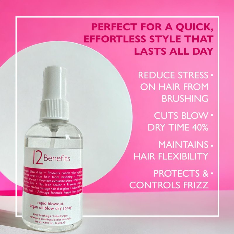 12 Benefits RAPID BLOWOUT ARGAN OIL SPRAY - Cut Blow Dry Time by 40% - Heat Protectant, Nourishes, Smooths Frizz, Adds Shine & Softens Damaged Hair, 4 Fl Oz