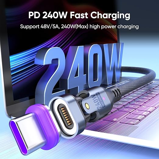 Bojianxin 240W Magnetic Charging Cable ，180°Rotating USBC to USB C Magnetic Data Cable ，Micro USB Phone Fast Charger Cable Data Transfer for Laptop/Tablet/Smart Phone (6ft)