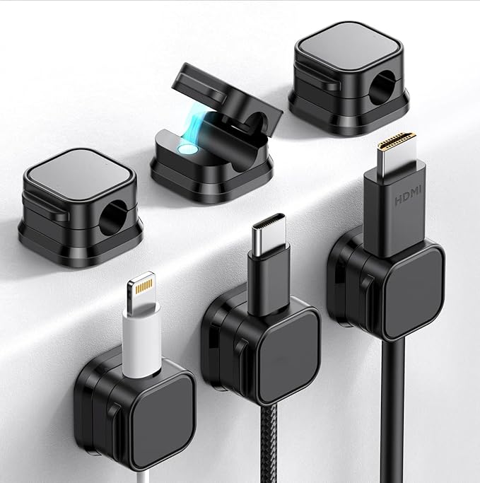 6 Pack Cable Holder, Cord Holder for Nightstand, Under Desk Clip Management, Wire Organizers for Cords (Black)