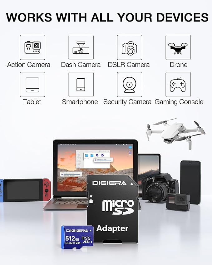 DIGIERA 512GB LT100 microSDXC UHS-I Memory Card with Adapter - up to 170MB/s, C10, U3, V30, 4K, A2, Micro SD Card for Smartphones, Tablets, Cameras, Gaming Consoles, and Drones (1 Pack)