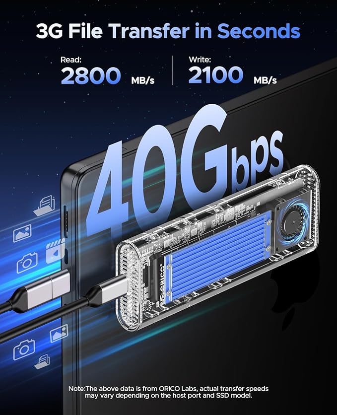 ORICO 40Gbps M.2 NVMe SSD Enclosure with Built-in Cooling Fan, Tool-Free, Support 2230 2242 2260 2280(M Key), Compatible with Thunderbolt 4/3 USB4/3.2-TCM2U4-BLUE