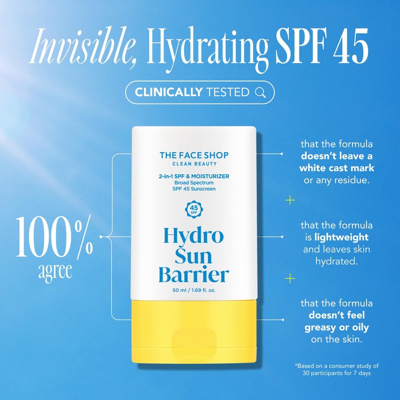 THE FACE SHOP Hydro Sun Barrier, SPF 45 Daily Facial Sunscreen & Moisturizer, for Oily Skin, Formulated with Calendula & Niacinamide, No White Cast, 1.69 Fl. Oz.