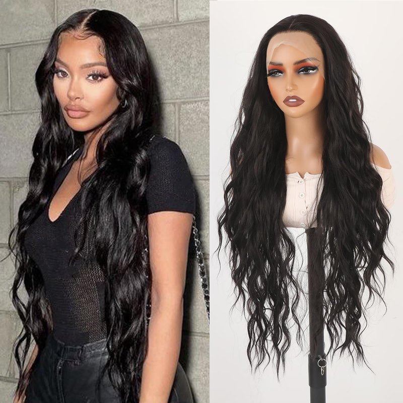 Missyvan Synthetic Lace Front Wig - Glueless Long Wavy Curly Black Hair | 30-Inch Natural Deep Wave