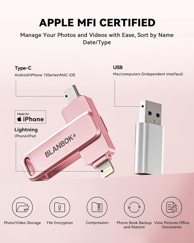 MFi Certified Flash Drive for iPhone Photo Stick, Thumb Drive Memory Stick High Speed USB Drive Photo Storage for iPhone USB Stick Compatible for iPhone/iPad/Android/PC (Pink, 256GB)