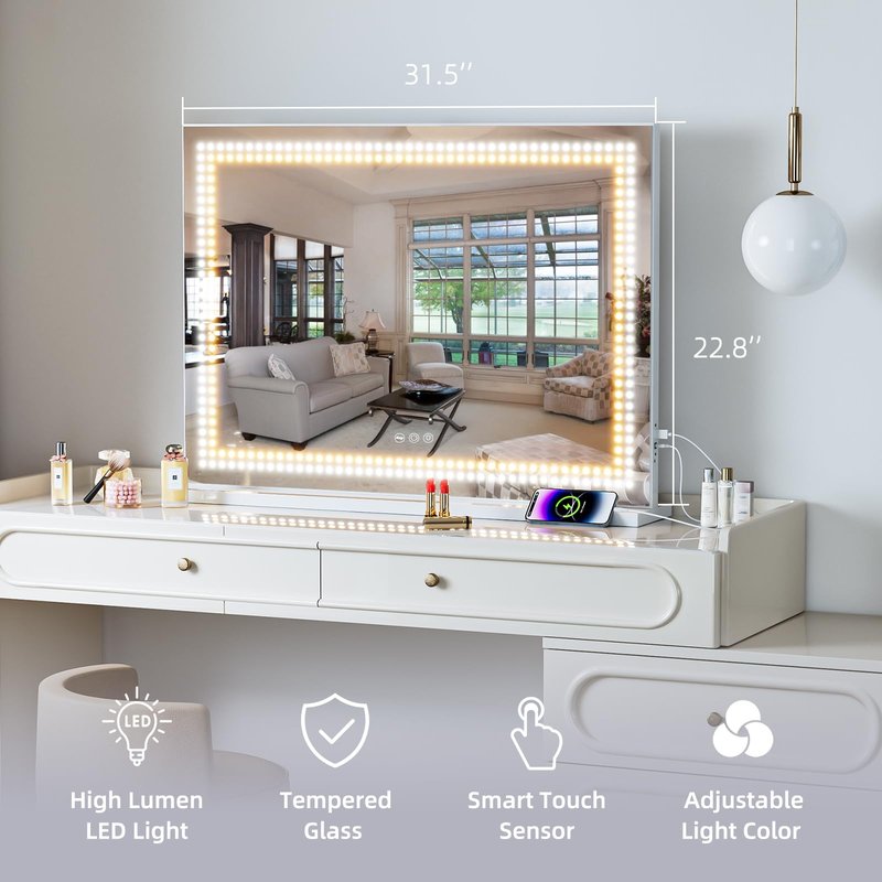 Vanity Mirror with Lights Tempered Glass 22.8" x 18.1" Lighted Makeup Mirror with Light Strip Crushed Crystal 3 Colors Modes Dimmable Lights USB Port and 10X Magnification, White (9.84" x11.81")