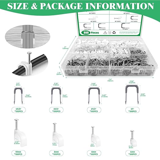 Yauhar 800Pcs 4mm 6mm 8mm 10mm J-Hook Ethernet Cable Nails Wire Clips with Steel Nails and 5/8" 3/4" 1/2" 1" Insulated U Staple Nail for Home Office Business