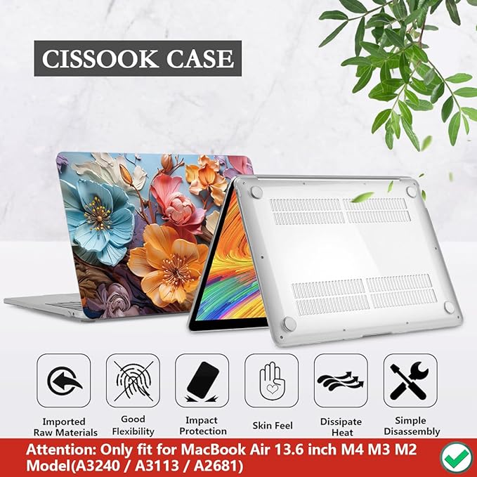CISSOOK for MacBook Air 13 inch M2 M3 M4 M5 Case 2022 2023 2024 2025 2026 Release, Flower Hard Shell Cases with Keyboard Cover OTG Adapter for MacBook Air 13.6 inch A3449 A3240 M3113 A2681