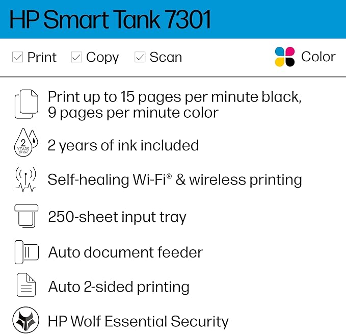 HP Smart Tank 7301 Wireless All-in-One Ink Tank Printer, Scanner, Copier with 2 Years of Ink Included, Best-for-Home Office, Cartridge-Free Refillable, AI-Enabled (28B70A)