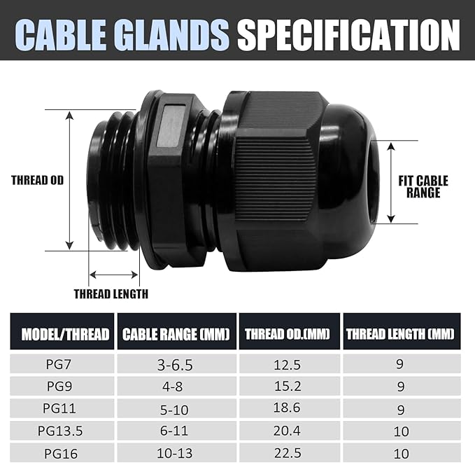 Kyuionty 25 Pcs Nylon Cable Glands, PG7 PG9 PG11 PG13.5 PG16 Strain Relief Cable Cord Connector IP68 Waterproof Junction Box Wire Protectors Adjustable for 3-13mm Cable Diameter