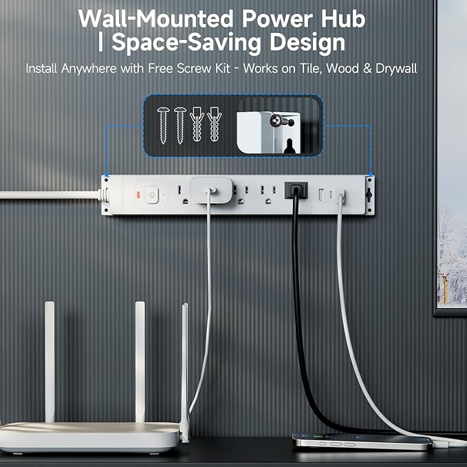 [2-Pack] 10 Ft Power Strip Surge Protector with USB Ports, Flat Plug Extension Cord, 5 AC Outlets and 3 USB Charging Ports, Wall Mountable – White for Home, Office, Dorm