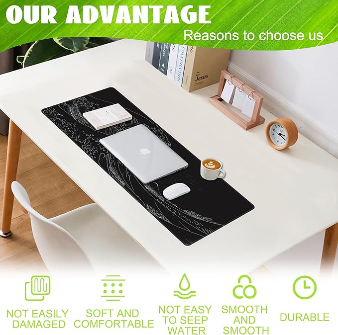 Eflxamz Desk Mat,Black Japanese Sea Wave Desk Pad,Japanese Sea Wave Large Gaming Mouse Pad for Desk,Extended Big Computer Keyboard Mouse Pad with Non-Slip Base and Stitched Edge,31.5"x11.8"