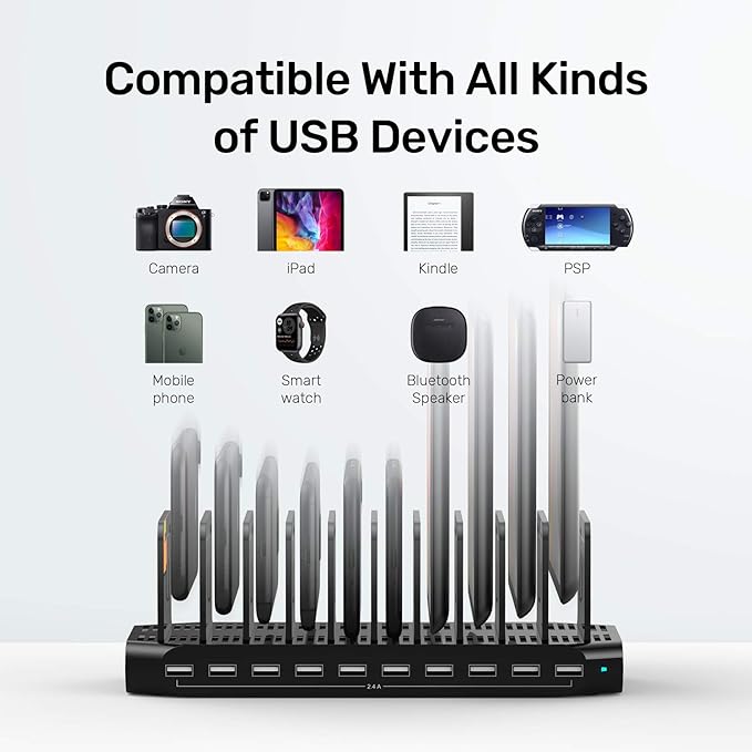 【10PCS】 Unitek Multi Charging Station, 10-Port USB Charger for Multiple Device with SmartIC Tech and Adjustable Dividers, Organizer Stand Compatible with iPad, Tablet, Kindle, iPhone - 10PCS, Black