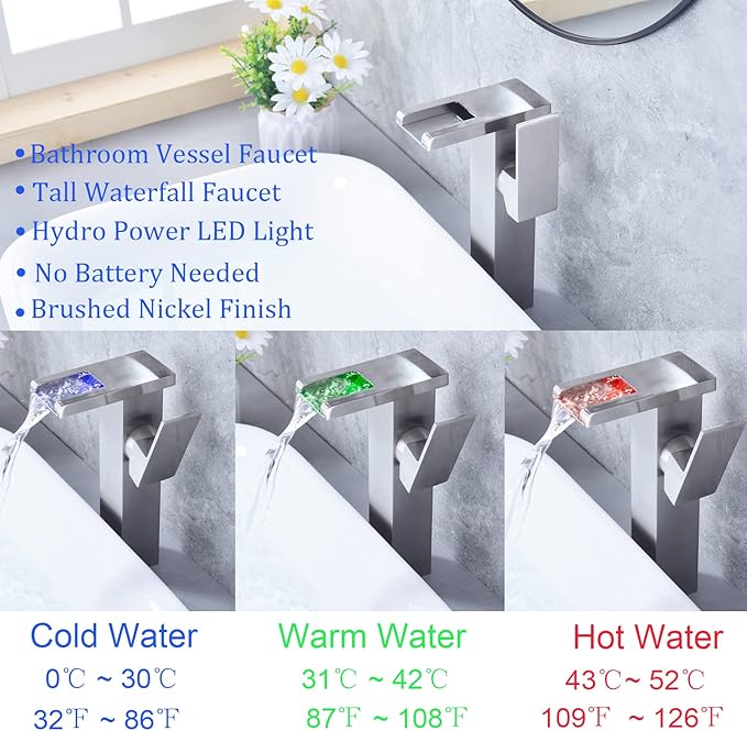 LED Waterfall Bathroom Sink Faucet, 3 Colors Changing Glass Spout Faucet with Water Supply Hose, Single Handle Single Hole Slanted Body Brass Mixer Vanity Sink Tap (Brushed Nickel)