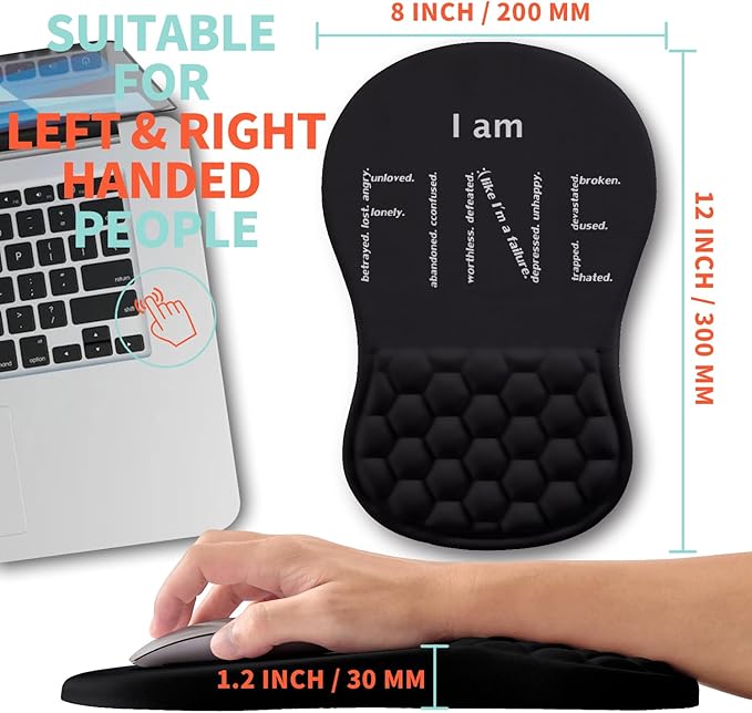 Kuosgm Ergonomic Mouse Pad Wrist Support with Memory Foam Massage Bulge, Carpal Tunnel Pain Relief Mousepad Wrist Rest for Mouse(12x8 inch, I Am Fine)