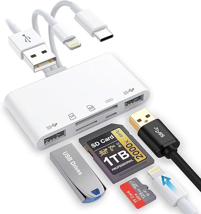 SD Card Reader for iPhone/iPad, 5-in-1 Universal Memory Card Reader for SD/TF Card/USB Drive, USB C/Lighting/USB Connector Compatible with iPhone 17/iPad Pro/Galaxy/MacBook/Dell etc.