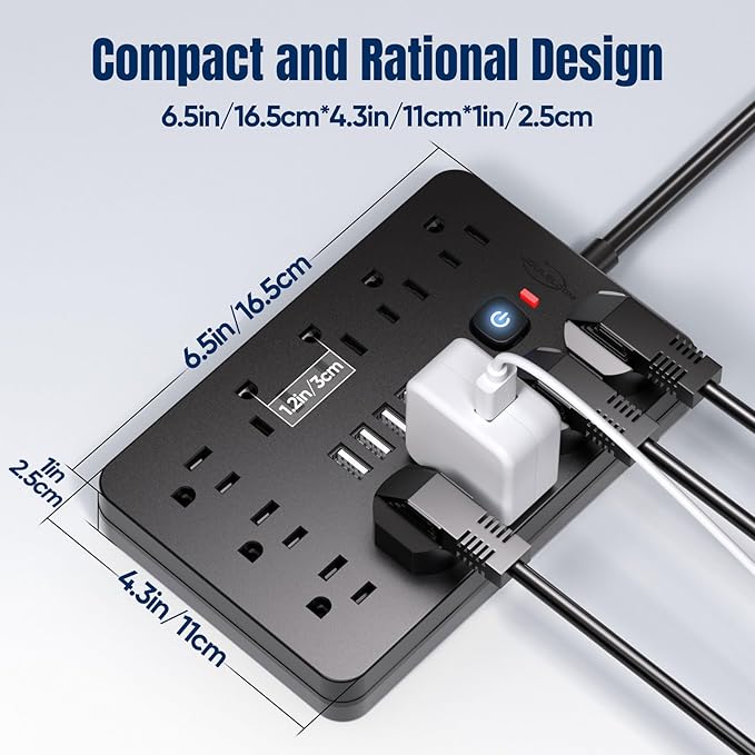 JouleLoom 5 FT Flat Plug Surge Protector Power Strip,11 Multiple AC Outlets with 6 USB Ports (2 USB C), 5 Feet Extension Cord, 1250W/10A, One Touch Switch Button, 17 in 1 Compact powerstrip