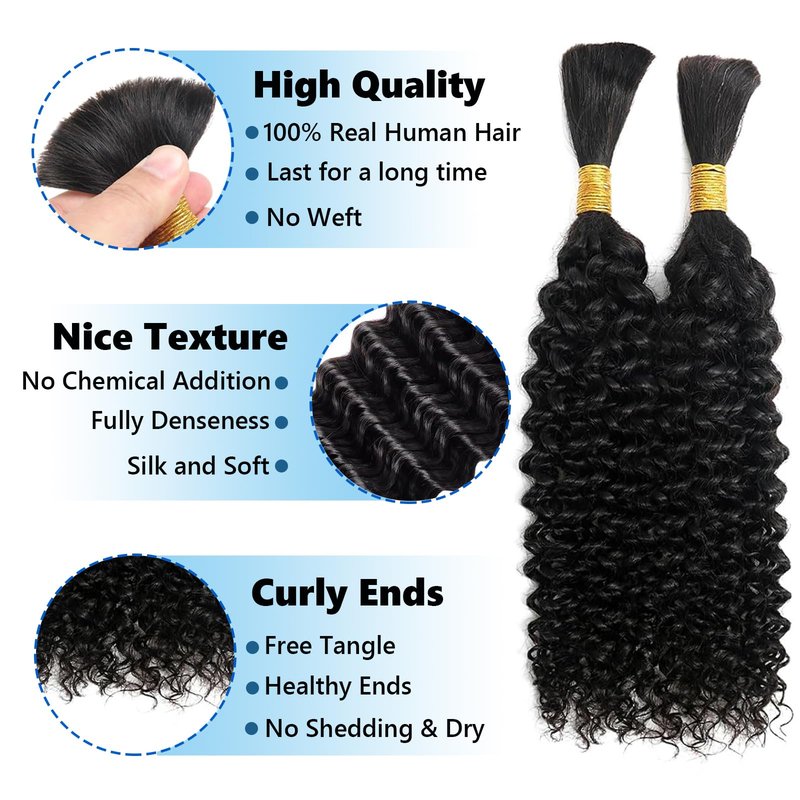 Human Braiding Hair For Boho Braids 110g Jerry Curly Bundles Human Hair 12A Remy Boho Human Hair For Braiding No Weft 2 Bundles/Pack Bulk Boho Hair for Braiding 16 inch Natural Black