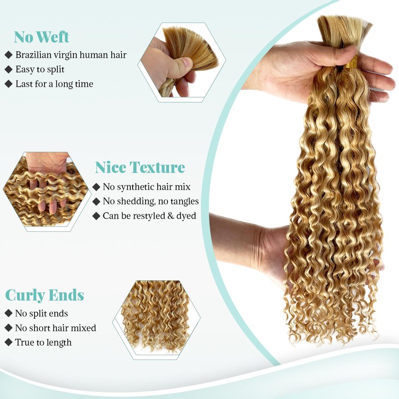 Honey Blonde Highlight Human Braiding Hair for Boho Braids Water Wave Bulk Human Hair for Braiding Ombre Color No Weft 2 Bundles 100G Wet And Wavy Twist Hair Braiding 16 Inch