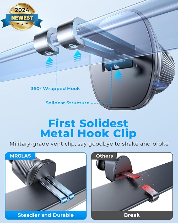 MRGLAS Phone Holders for Your Car Vent with Double Metal Hook Clip, 【One-Hand Operation】 Air Vent Cell Phone Car Mount, Universal Automobile Cradle Fit for iPhone 17 Android and All Smartphones
